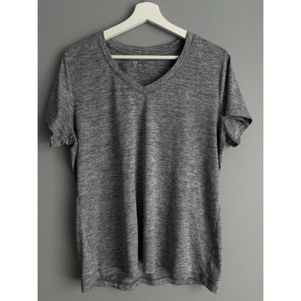 Under Armour HeatGear V-Neck T-Shirt Women L Gray Athletic Gym Top Activewear